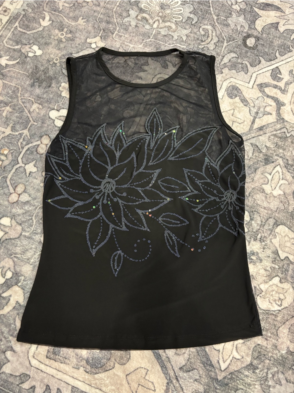 Y2K Black Sleeveless Mesh Yoke Floral Embellished Blouse